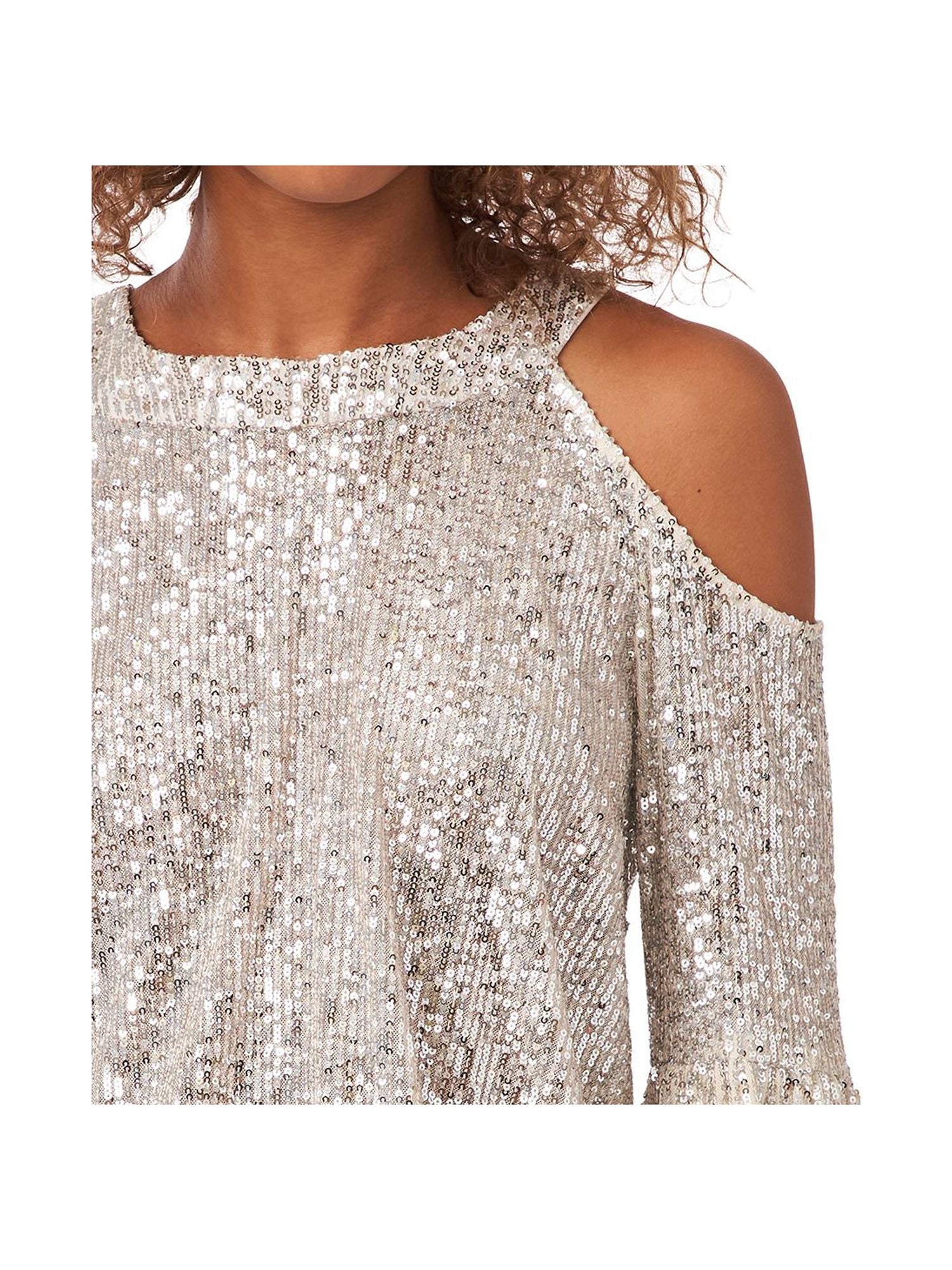 CECE Womens White Cold Shoulder Sequined Keyhole Closure Balloon Blouse Size M