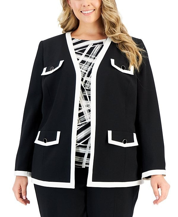 Kasper Plus Size 1X Tipped Collarless Open-Front Jacket Black $139