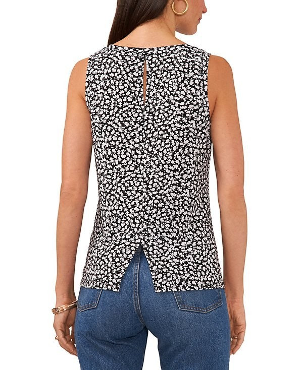 Vince Camuto Women's Floral Crewneck Split Back Keyhole Tank Top Black Size XS