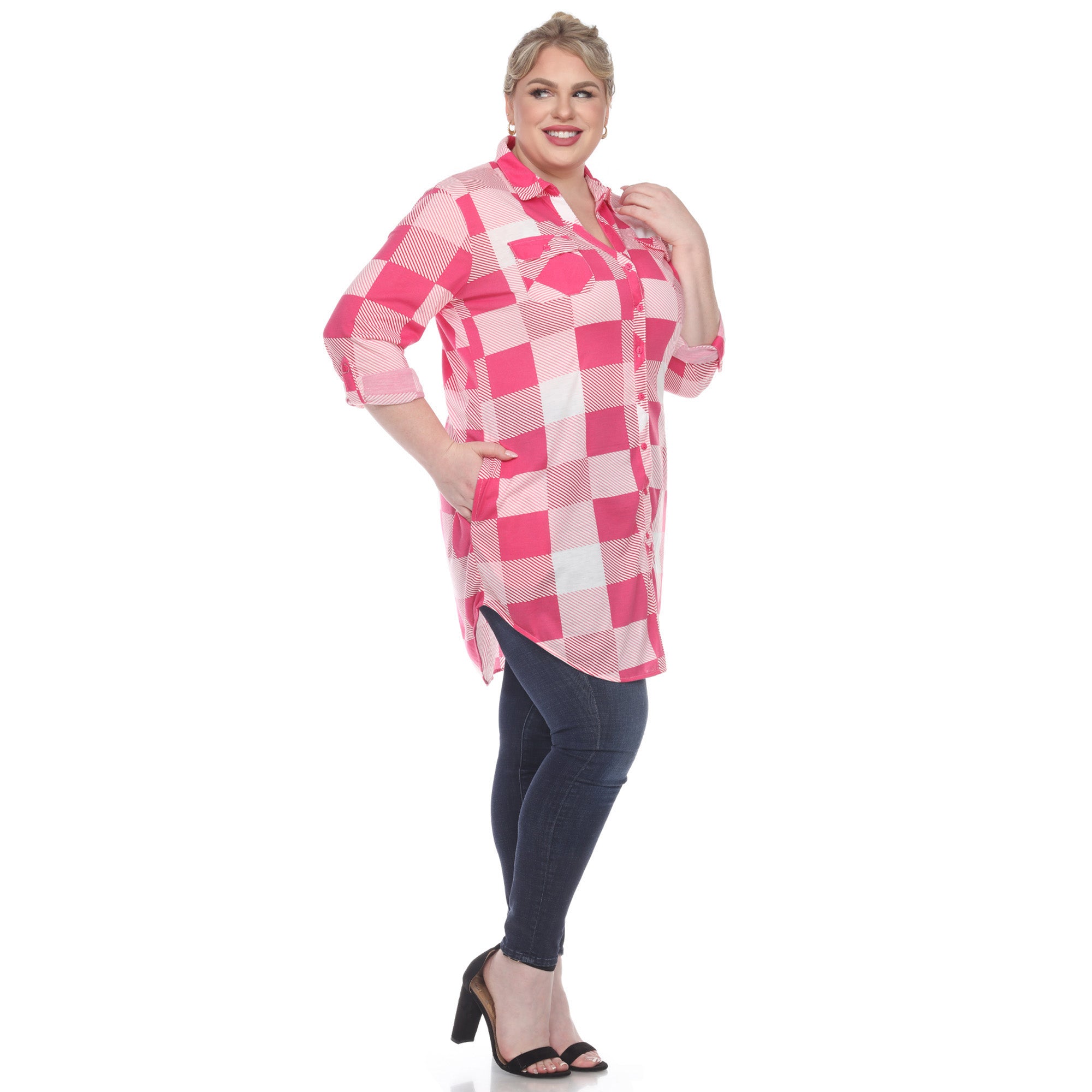 White Mark Women's Plus Size Buffalo Plaid Tunic Shirt Pink Size 1X