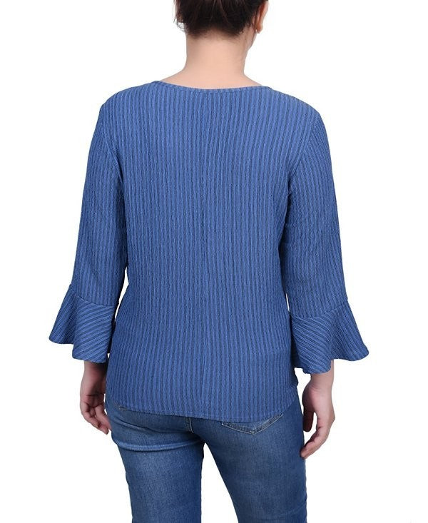 NY Collection Petite Large PL 3/4 Bell Sleeve Textured Knit Top BLUE $43