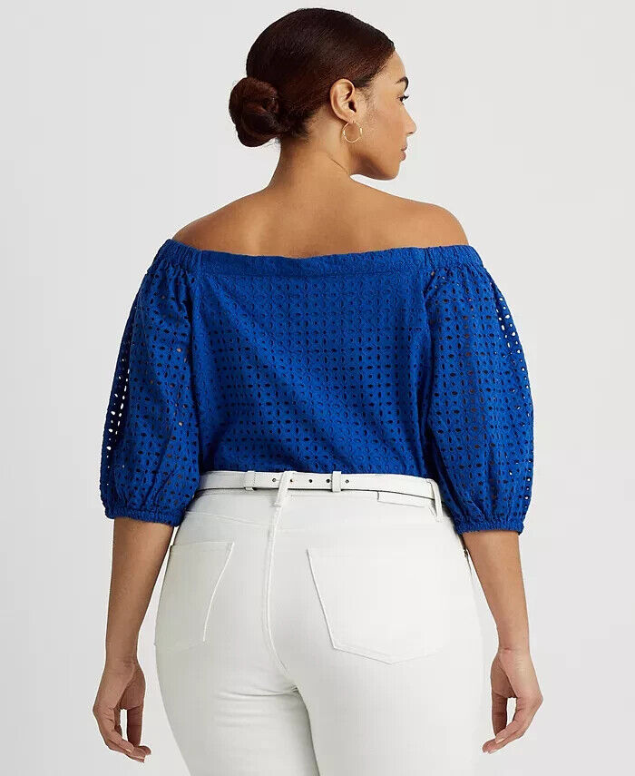 Lauren Ralph Lauren Women Off-The-Shoulder Top Blue Plus Size 2X MSRP $165