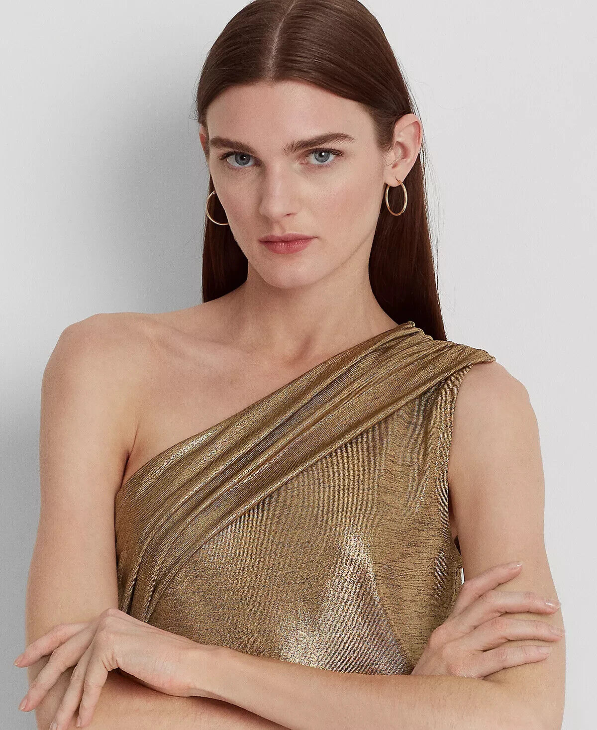 LAUREN RALPH LAUREN Women Foil-Print Jersey One-Shoulder Top Brown Size XXL $90