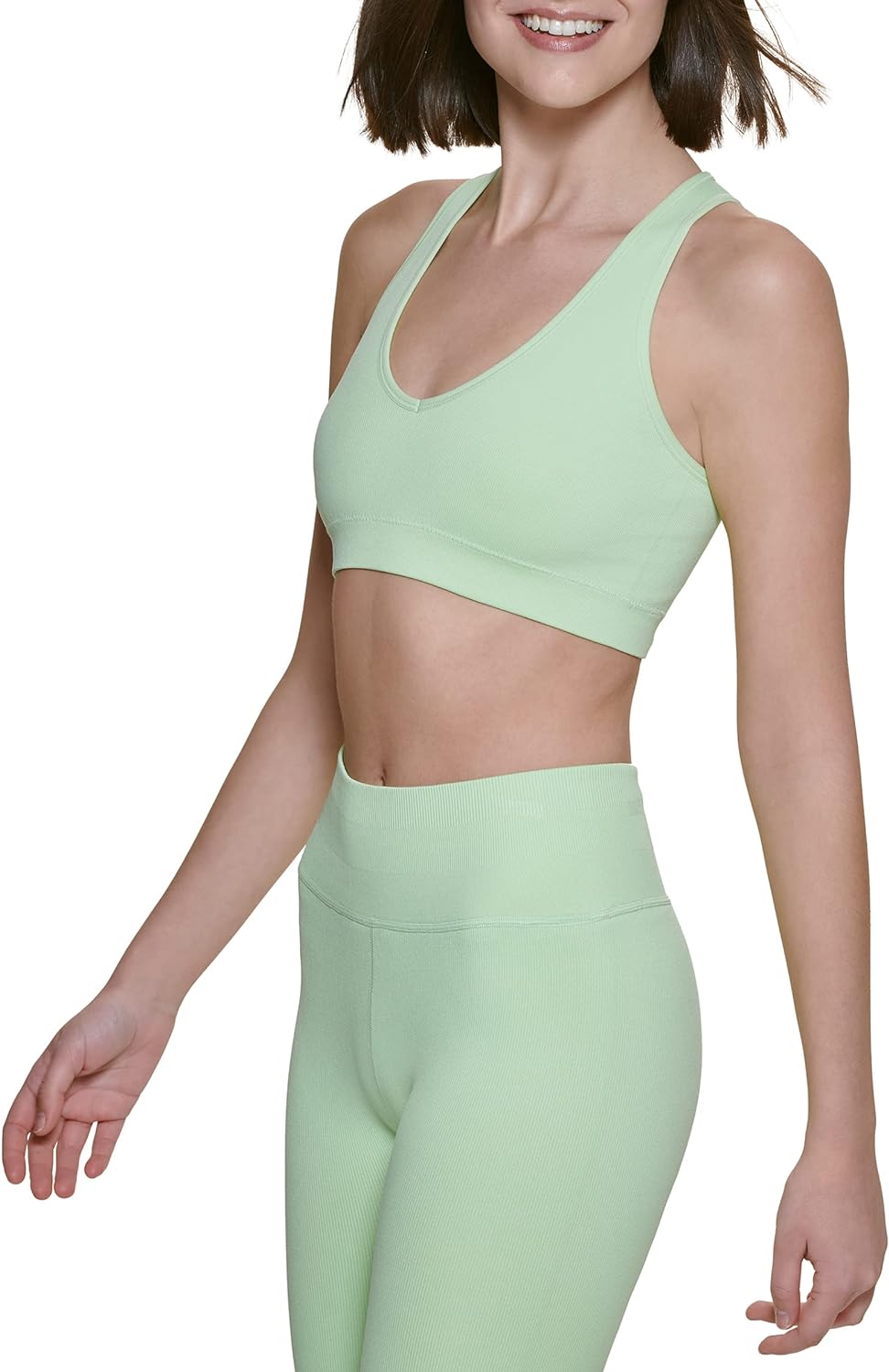 Calvin Klein Thin Rib V-Neck Sports Bra w/ Removable Cups, Key Lime, Medium