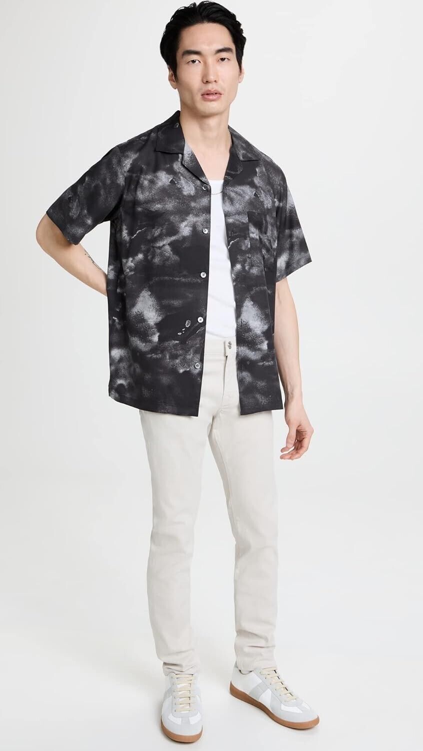 Theory Noll Cloud Print Short Sleeve Button-Up Camp Shirt in Black Size S $165