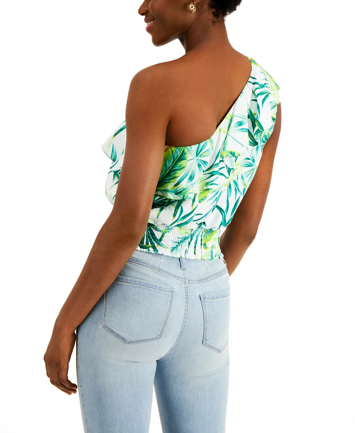 Bar Iii Printed One-Shoulder Top Women's green Size L MSRP $45