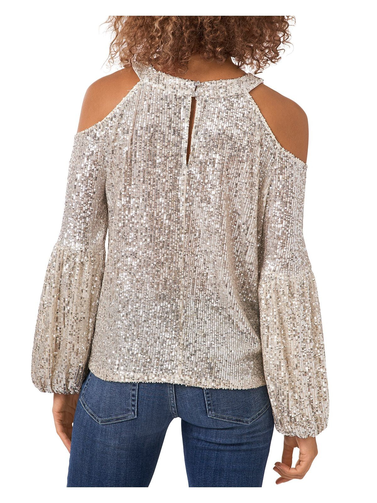 CECE Womens Beige Cold Shoulder Sequined Keyhole Balloon Sleeve Blouse Size XS