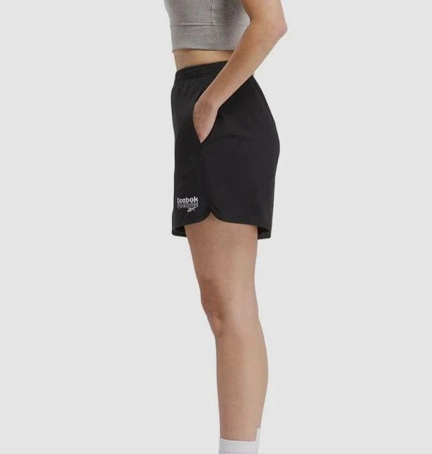 Reebok Women's Black Identity-Logo French Terry Elastic-Waist Shorts Size S $35