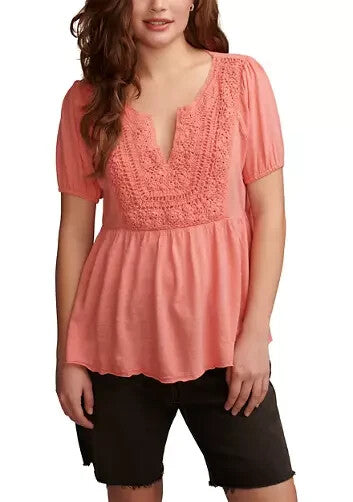 Lucky Brand Short Sleeve Crochet Babydoll Knit Top Pink Size M MSRP $90