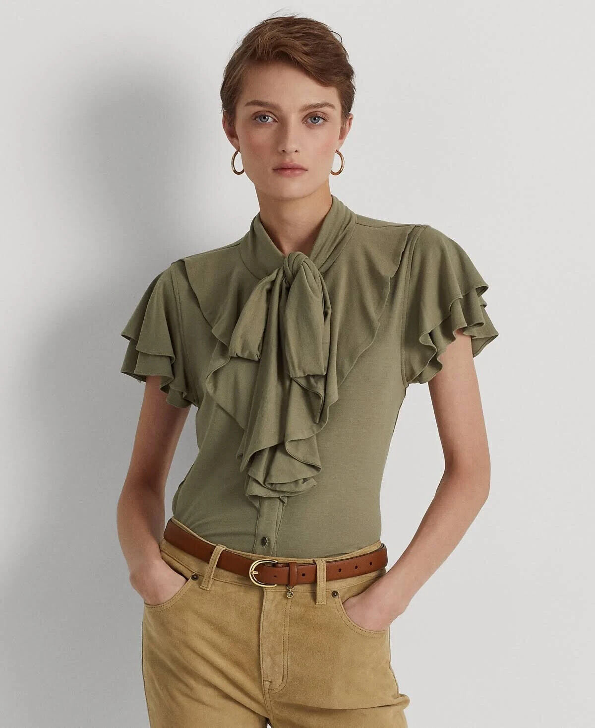 LAUREN RALPH LAUREN Tie-Neck Jersey Blouse Olive Green Size M MSRP $115