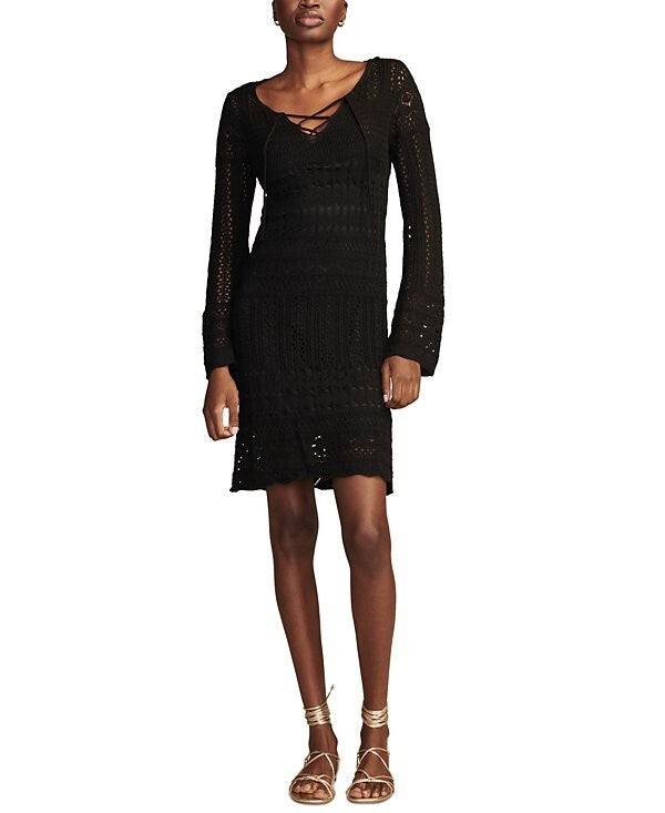 Lucky Brand Women's Cotton Long-Sleeve Lace-Up Crochet Dress Black Size XL $149