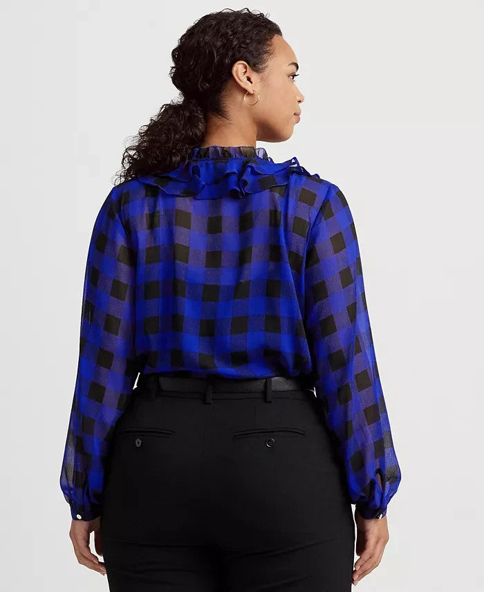 Lauren Ralph Lauren Plus Size 3X Ruffled Buffalo Check Blouse Blue MSRP $145