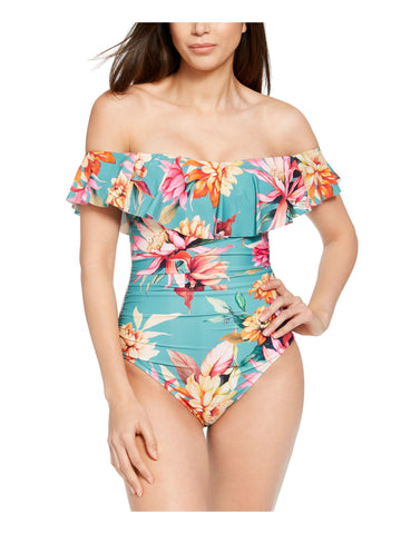 LA BLANCA Women's Green Floral Shirred Moderate Ruffled One Piece Swimsuit 14