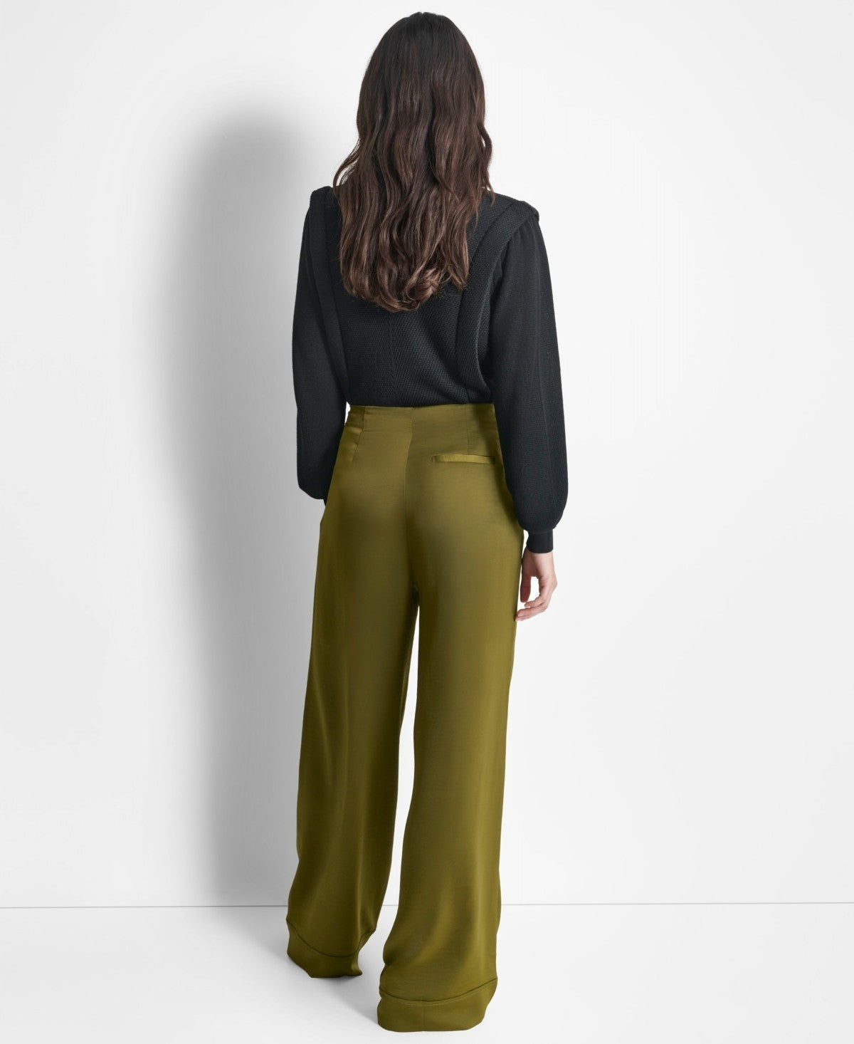 DKNY Glazed High Rise Seamed-Cuff Wide-Leg Pants Olive Green Size 2 MSRP $99