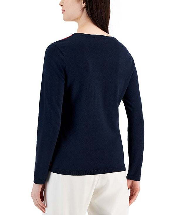 Tommy Hilfiger Women's Cotton Colorblocked Flag V-Neck Sweater SZ XS $69.50