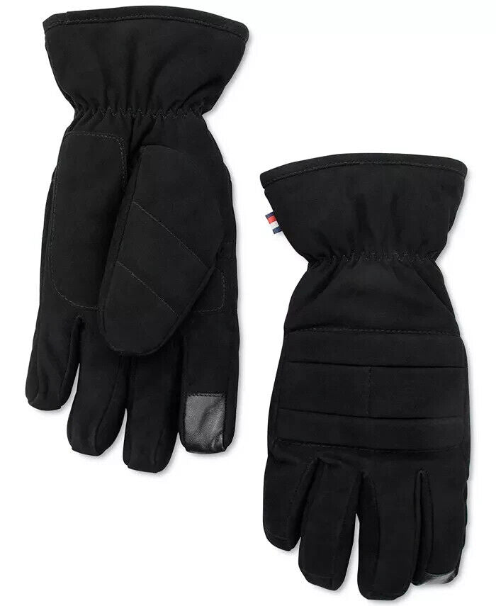 Tommy Hilfiger Men Black Flag Quilt Leather Tech Tip Work Gloves Fleece MSRP $88