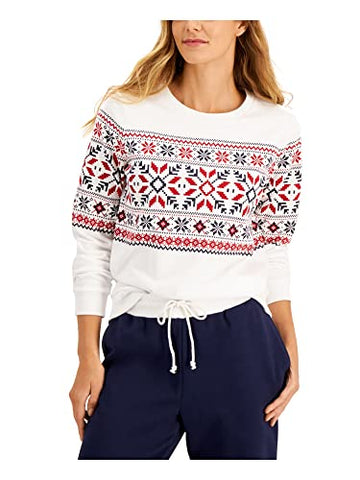 Charter Club Womens White Ribbed Printed Crew Neck Holiday Sweater Size XL