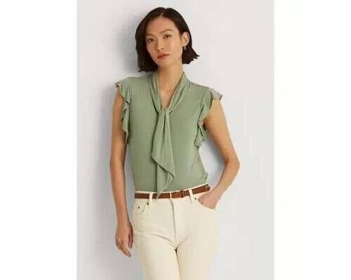 Ralph Lauren Ruffle-Sleeve Tie Neck Top Olive Green Size M MSRP $70