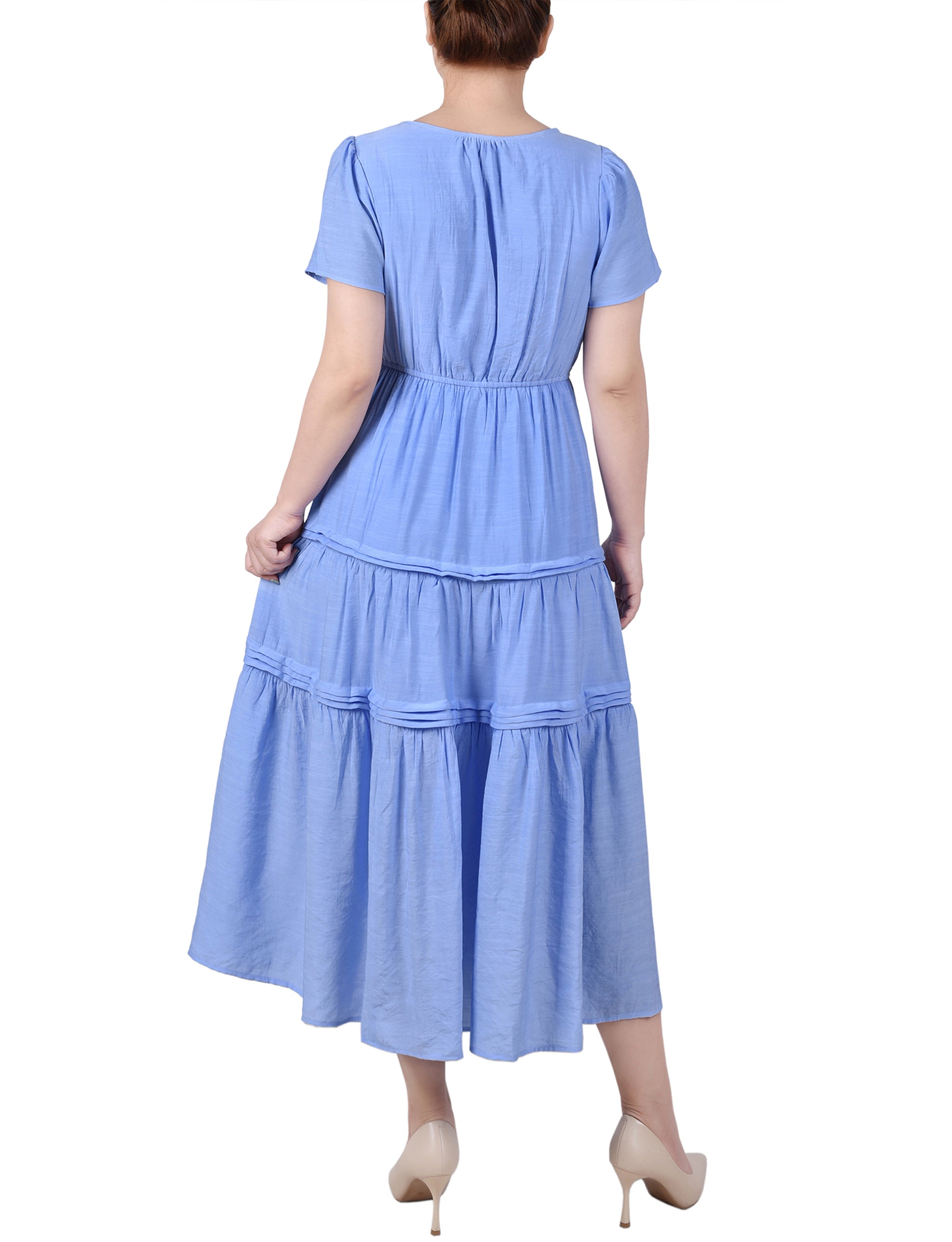 NY Collection Womens Petites Tiered Split Neck Midi Dress Blue Size PM MSRP $54