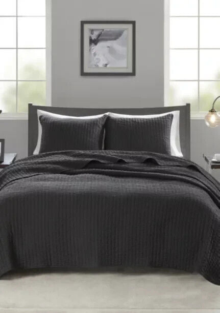 Madison Park Keaton Reversible Coverlet Set Dark Gray 3 PC
