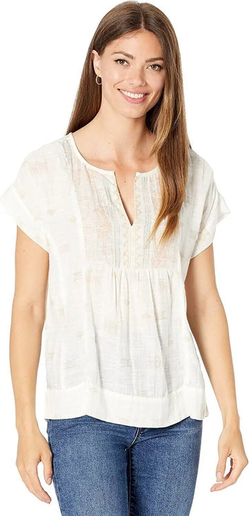 Lucky Brand Women's Split Neck Printed Peasant Blouse Size L Cream Multi