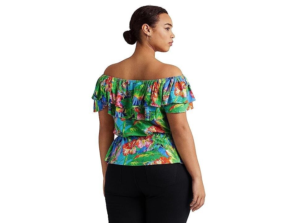LAUREN Ralph Lauren Floral Jersey Off-the-Shoulder Top Green Plus Size 2X $125
