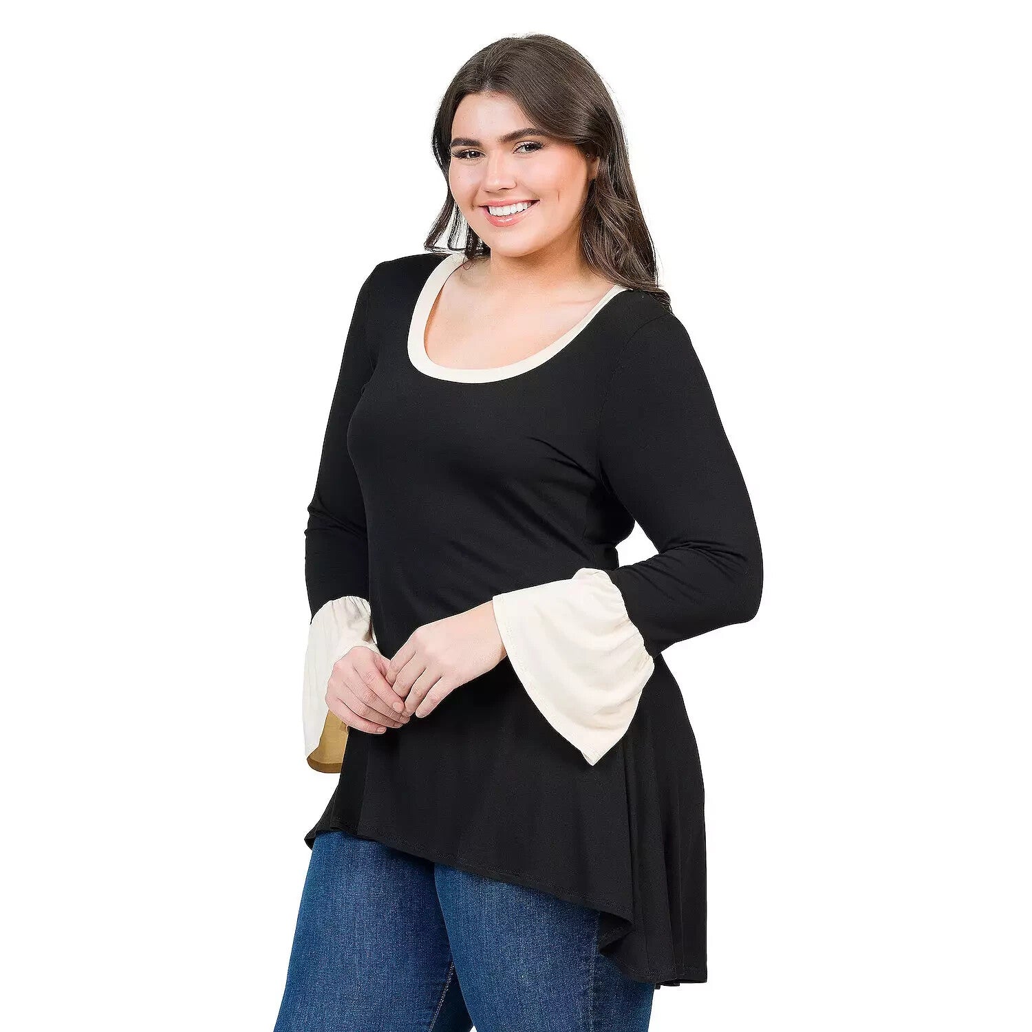 24Seven Comfort Plus Size 3X Bell Sleeve High Low Tunic Top black MSRP $42