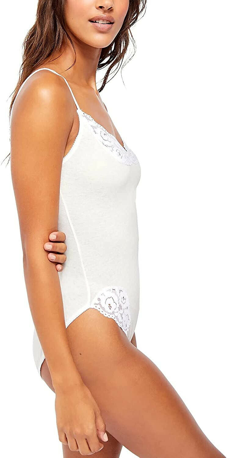 Free People Women Side Of Sass White Lace trim Jersey Bodysuit white Size XS