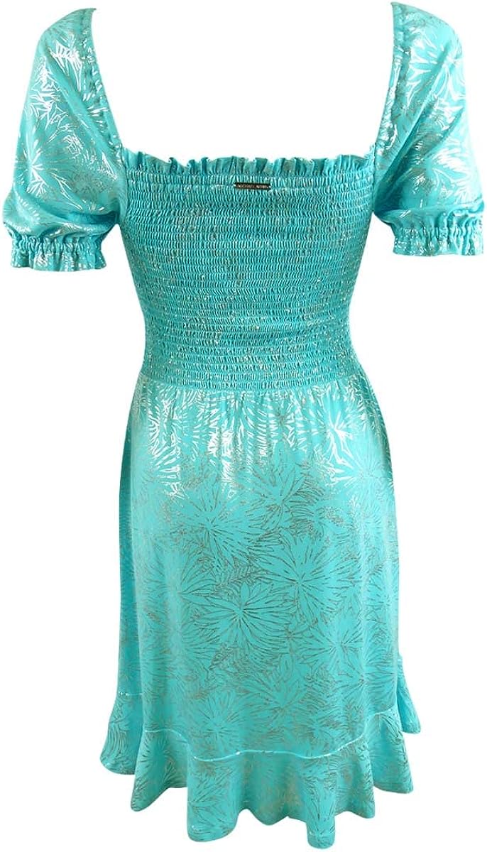 Michae Kors Women's Foil-Print Smocked Peasant Dress Size XL, Green Turquoise)