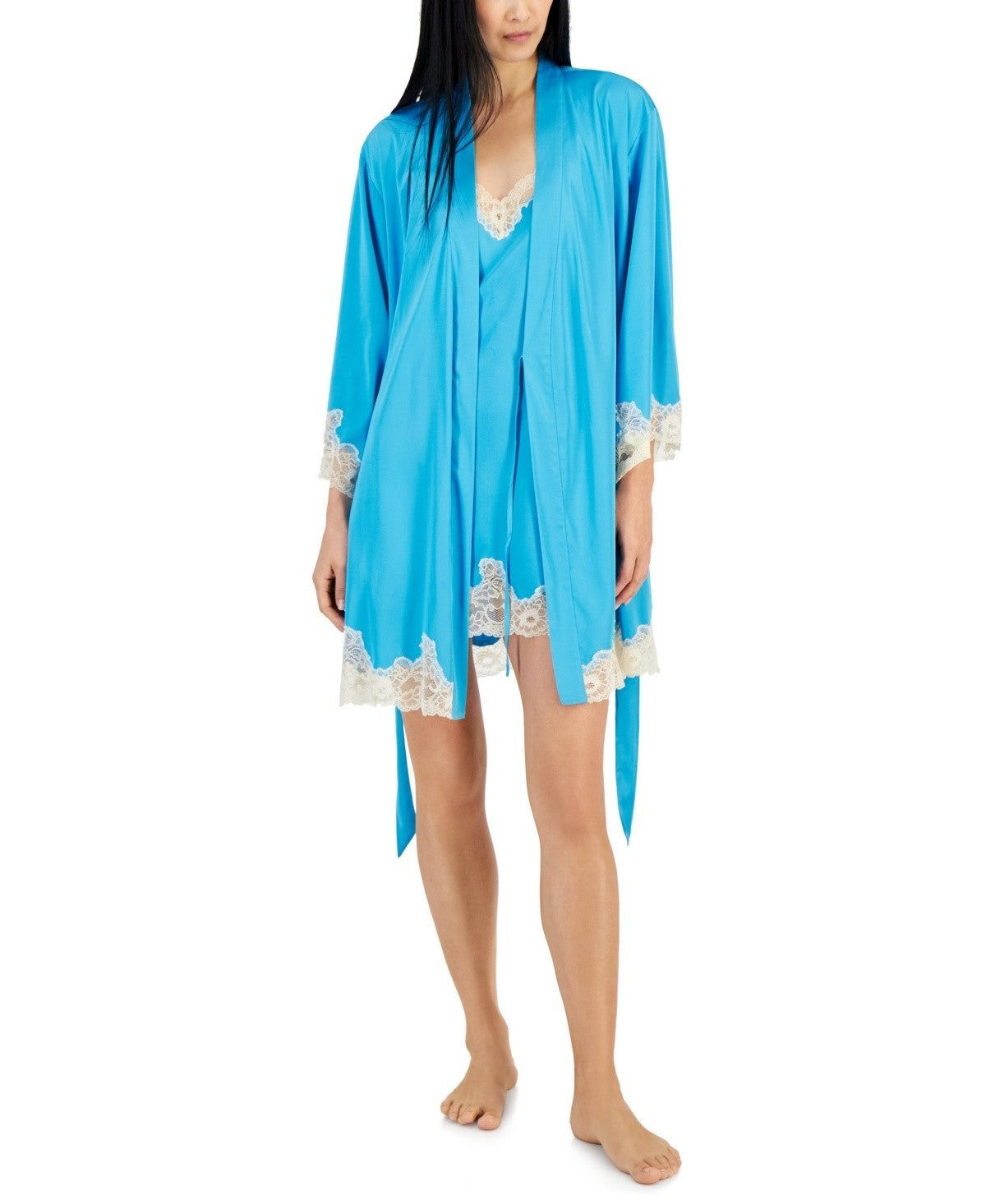 I.N.C. Women's Lace-Trim Stretch Satin Robe Blue Size M MSRP $55
