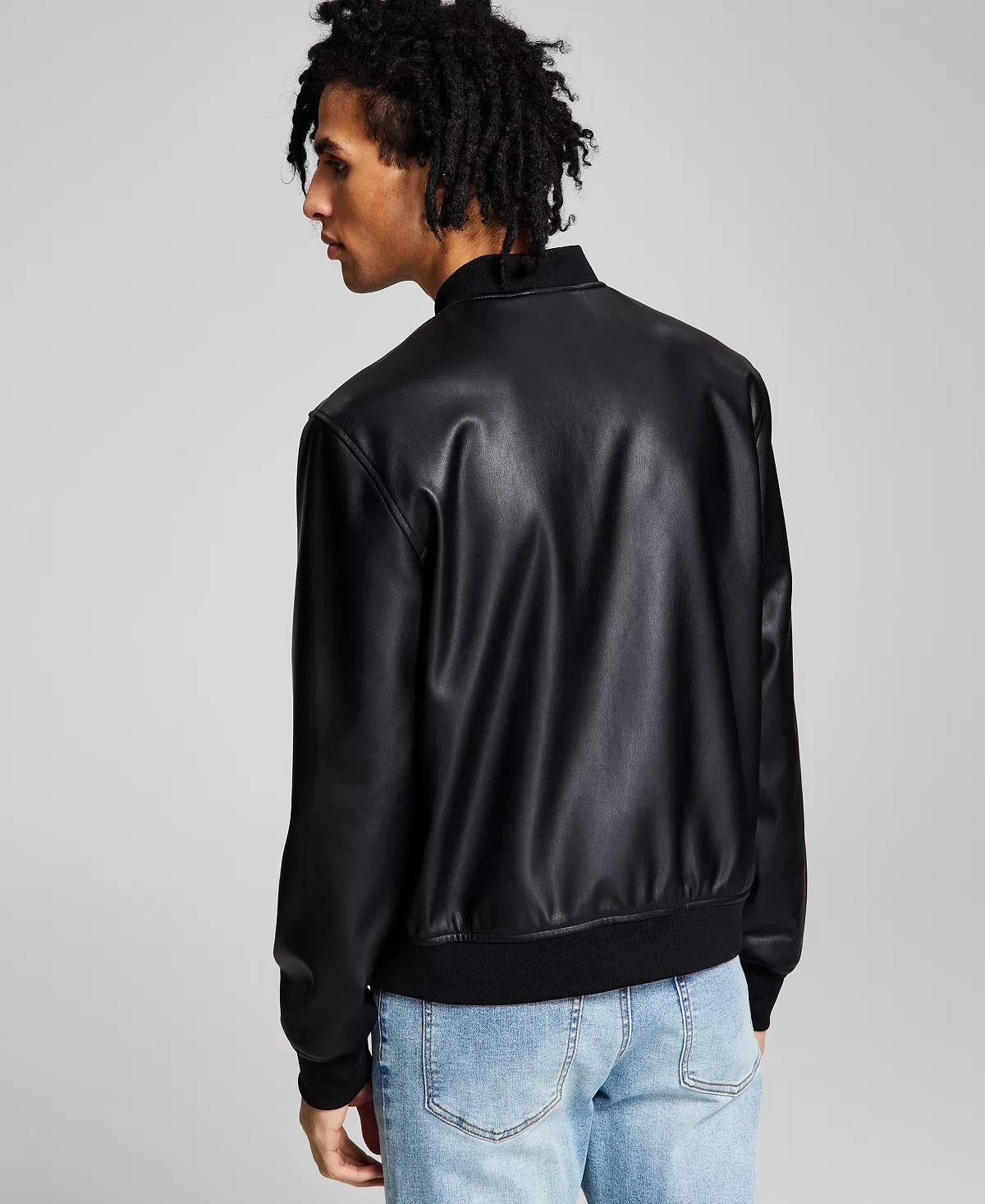 And Now This Mens Faux Leather Short Bomber Jacket Black Size L