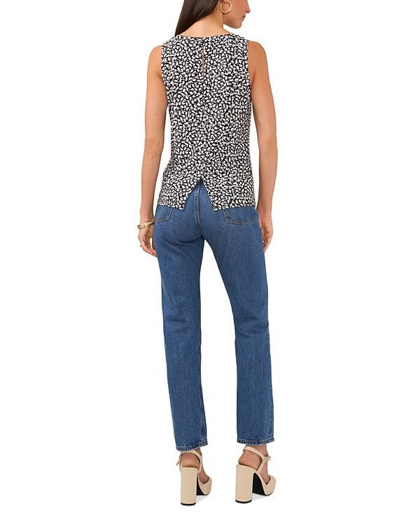 Vince Camuto Women's Floral Crewneck Split Back Keyhole Tank Top Black Size XL