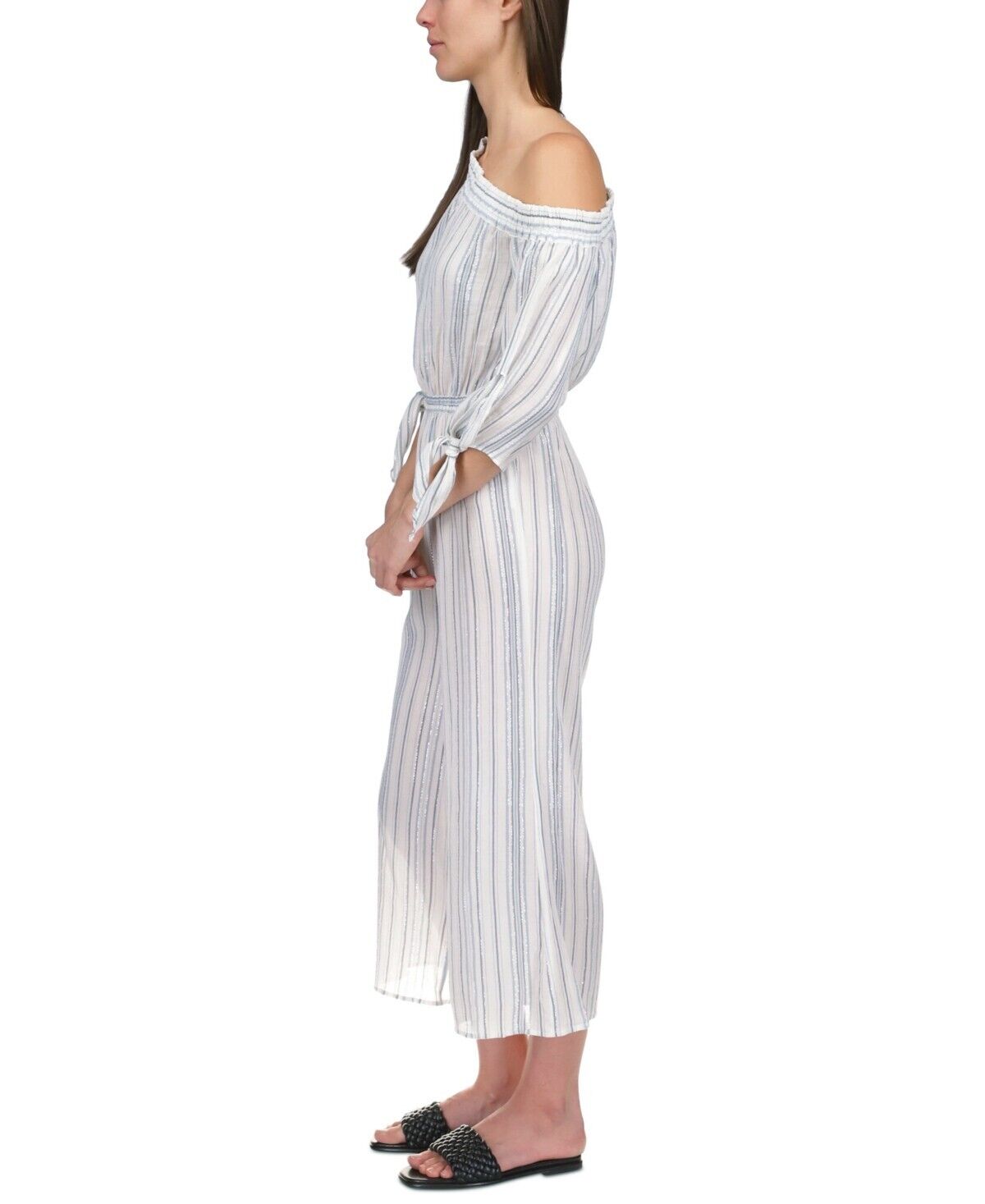 Michael Michael Kors Womens Striped One-Shoulder Jumpsuit Size L Blue Chambrey