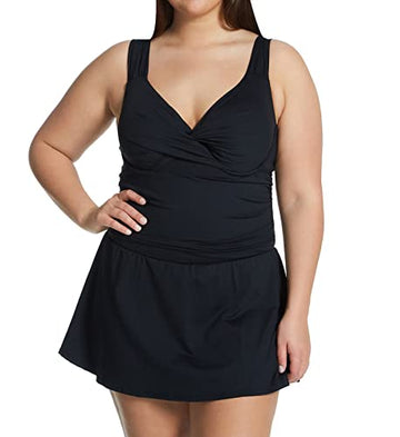 Anne Cole Plus Twist Front Shirred Underwire Swim Dress Swimwear Black Size 20W