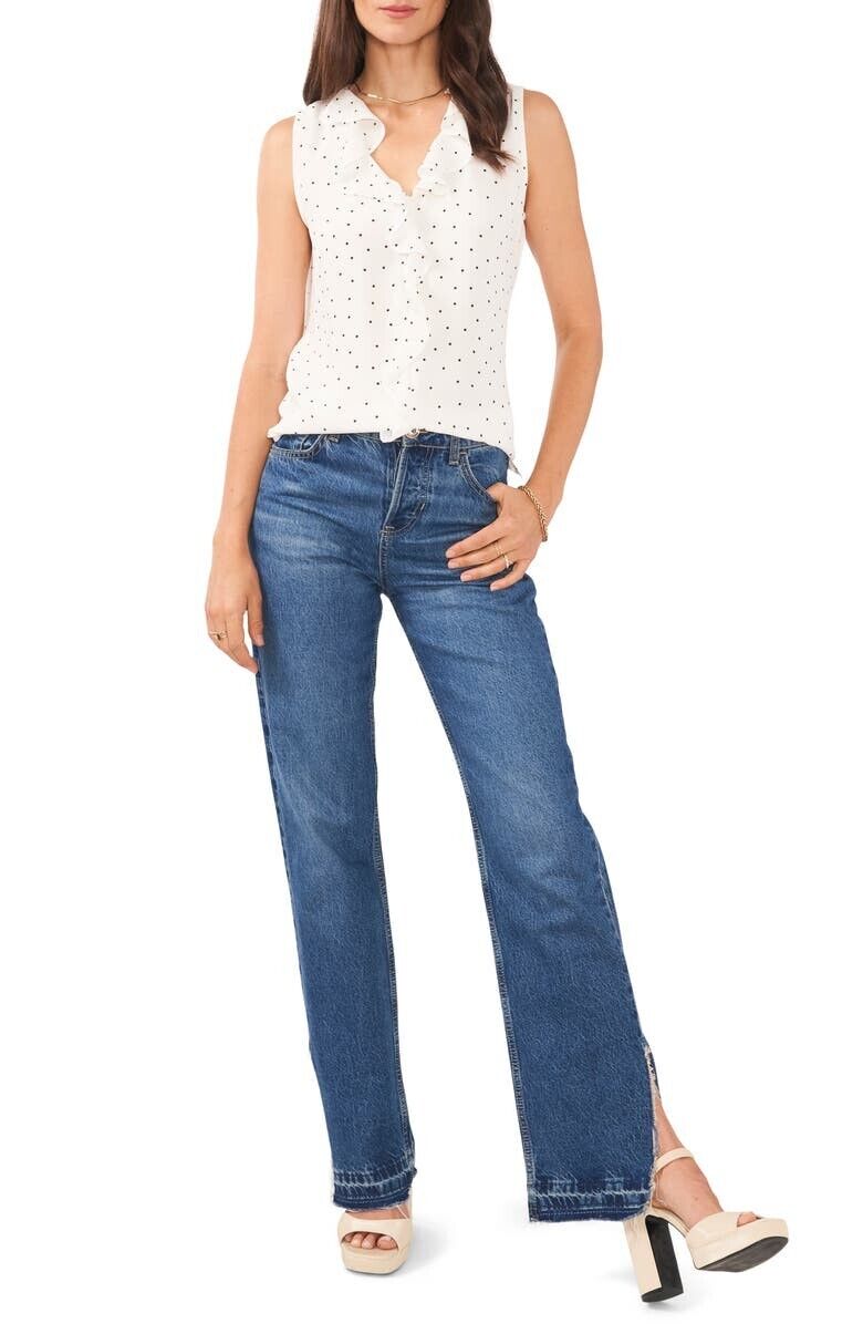 Vince Camuto Sleeveless V-Neck Ruffle Front Pindot Blouse Ivory Size S MSRP $69