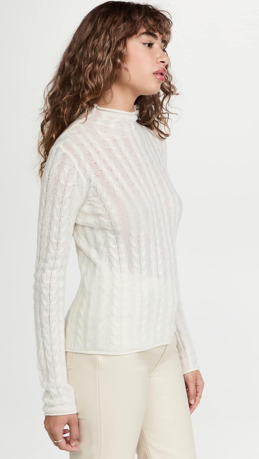 Theory Women's Cable Mock Neck Cashmere Sweater, Ivory, Off White, Size L $295