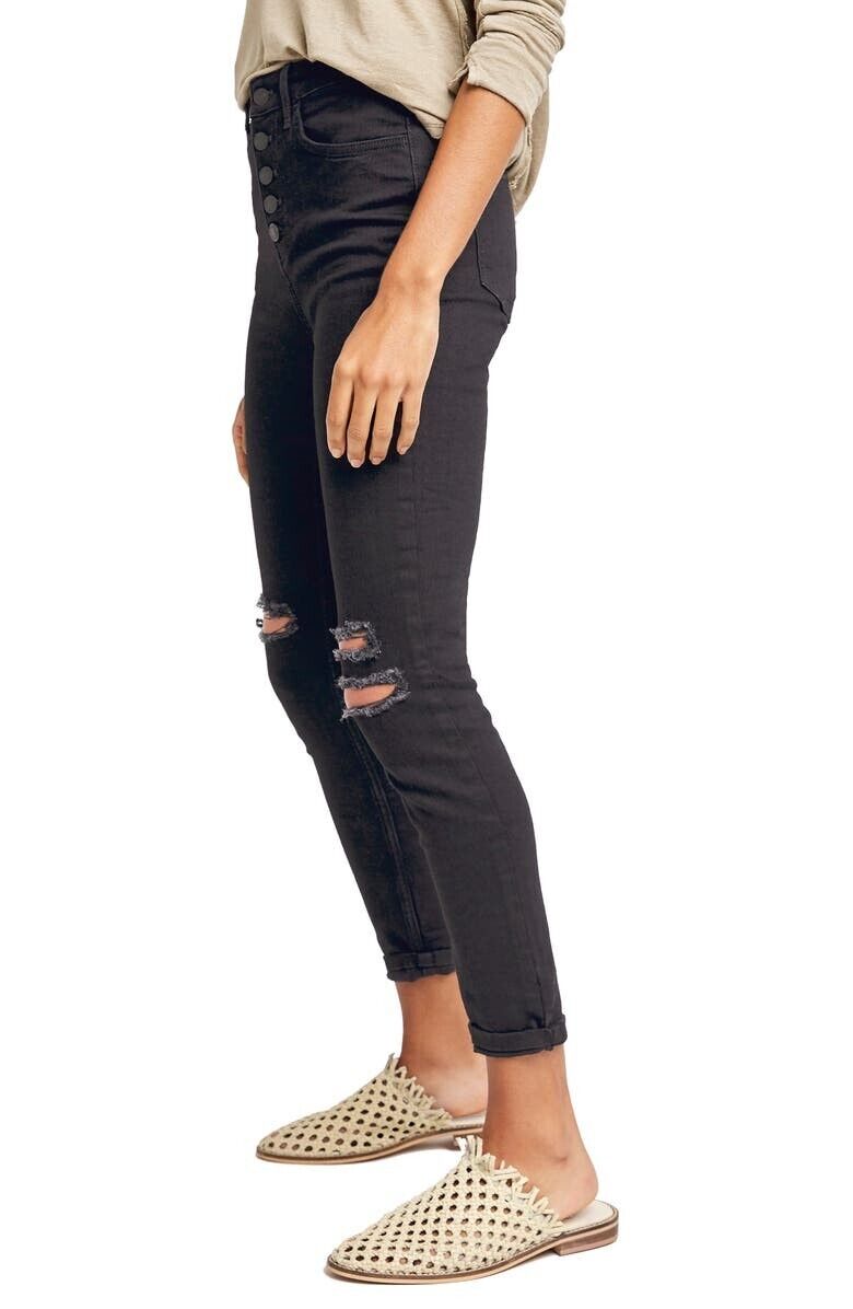Free People Sabrina Button Front High Waist Skinny Jeans Black Size 24 MSRP $78