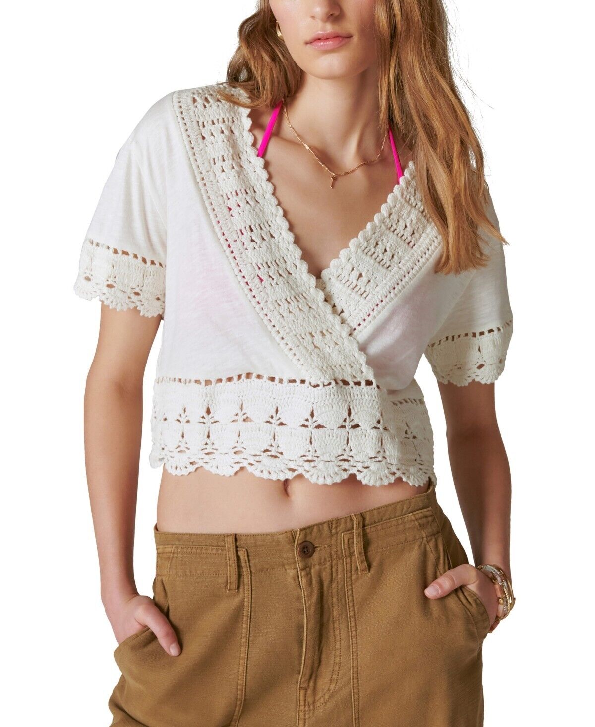 Lucky Brand Women's V-Neck Crocheted Crop Top White Ivory Size M MSRP $99