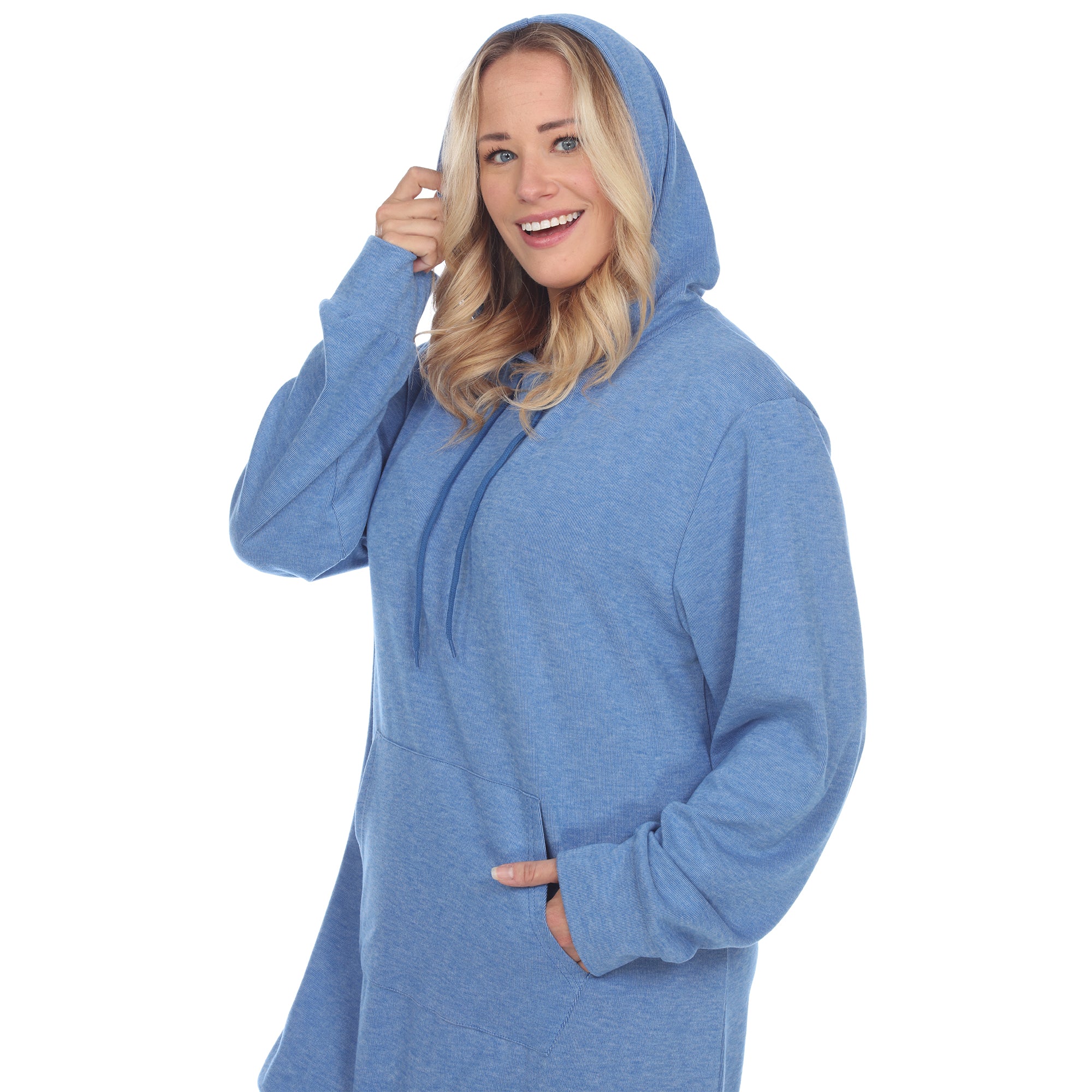 White Mark Plus Size 1X Hooded Pullover Kangaroo Fleeced Sweatshirt Dress Blue