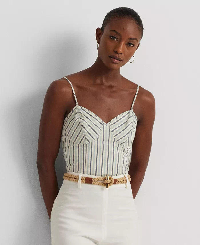 Lauren Ralph Lauren Womens Striped Cropped Blouse Blue White Size 6 MSRP $100