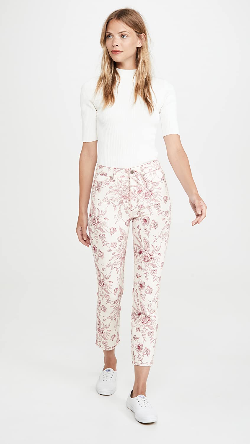 DL1961 Women's Mara Ankle High Rise Straight Jeans, Floral, White Size 27