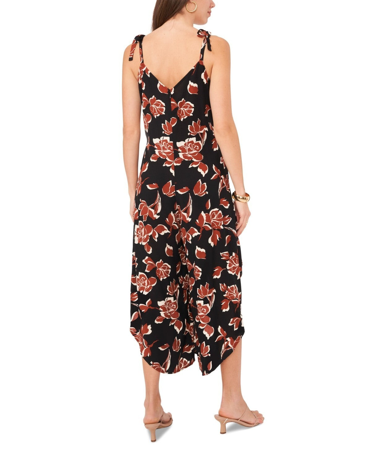 Vince Camuto Women's Floral Tie Shoulder Angled Hem Jumpsuit Black Brown Size L