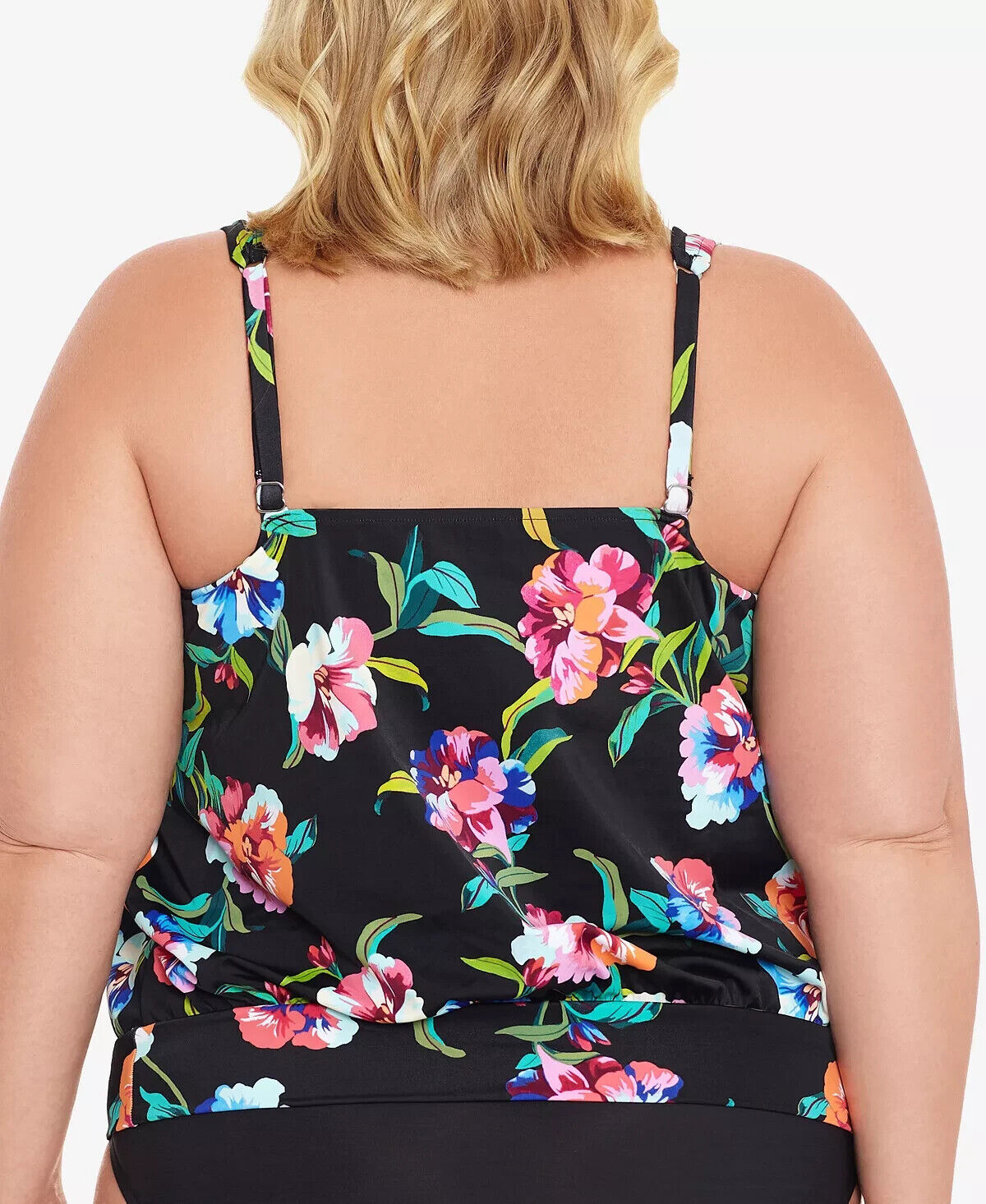 SWIM SOLUTIONS Plus Size Study Shirred Neck Underwire Tankini Top Black 16W $79