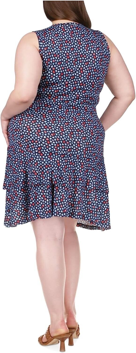 MICHAEL KORS Printed Flounce Dress Blue Plus Size 2X MSRP $110