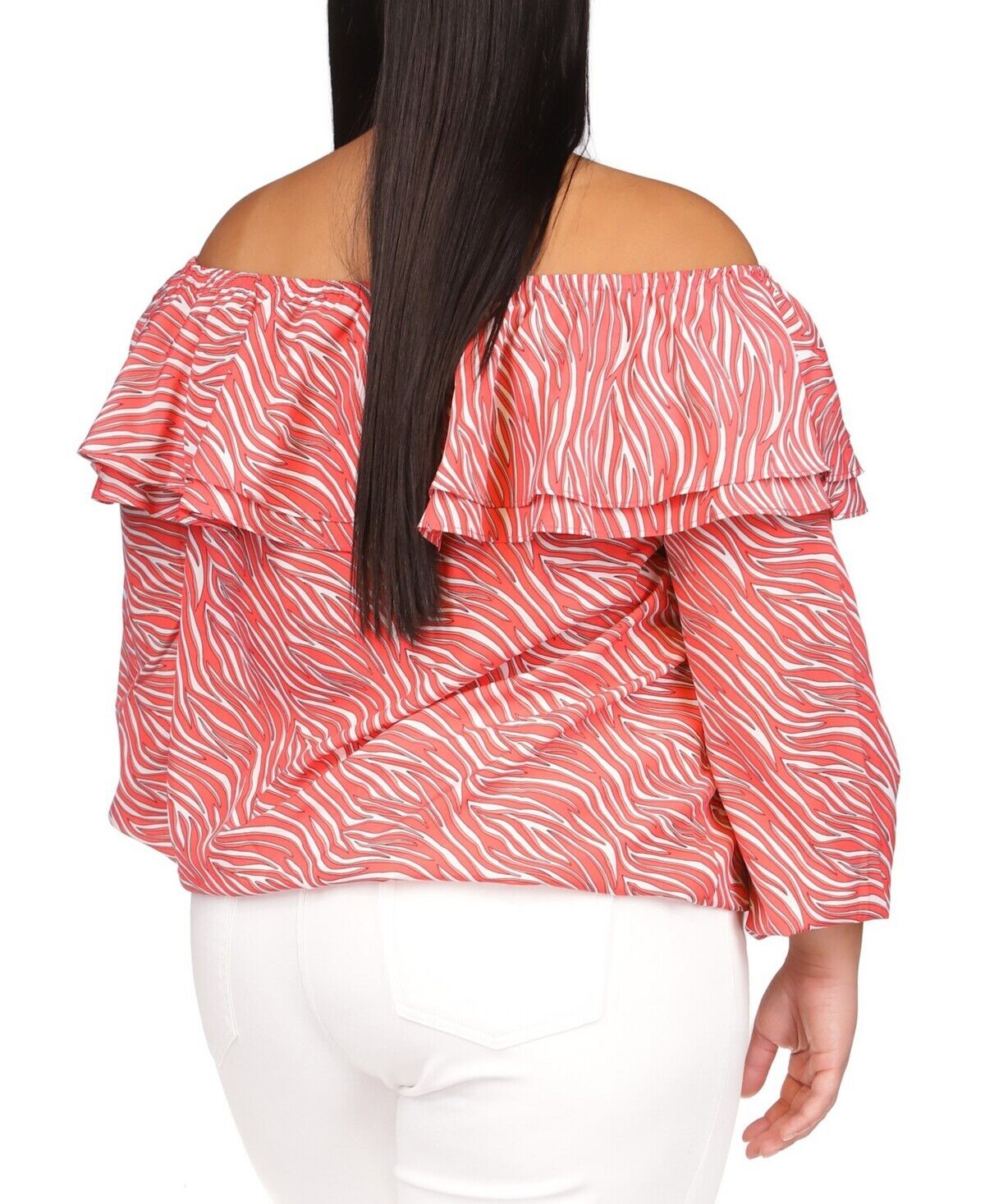 Michael Kors Women's Top Plus Size 1X Zebra-Print Ruffled Peasant Pink MSRP $88