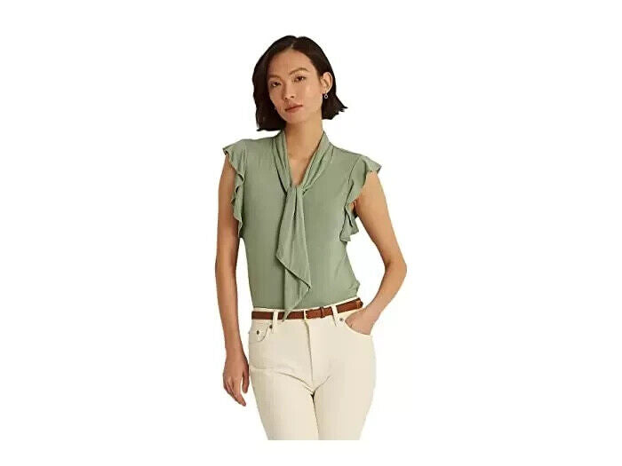 Ralph Lauren Ruffle-Sleeve Tie Neck Top Green Size L MSRP $70