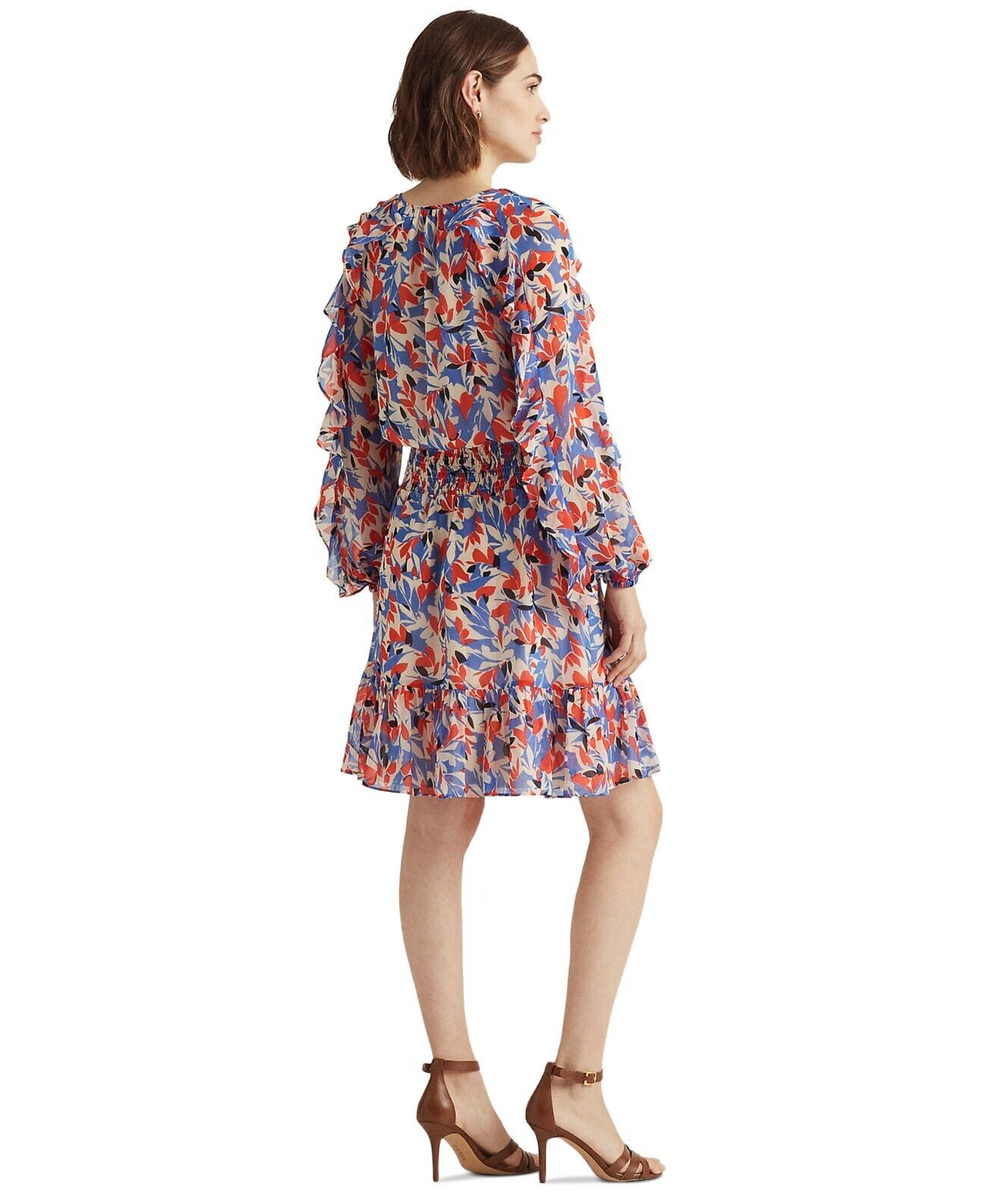 Lauren Ralph Lauren Petite Fit Flare Floral Dres Blue orange Multi Size 2P $185