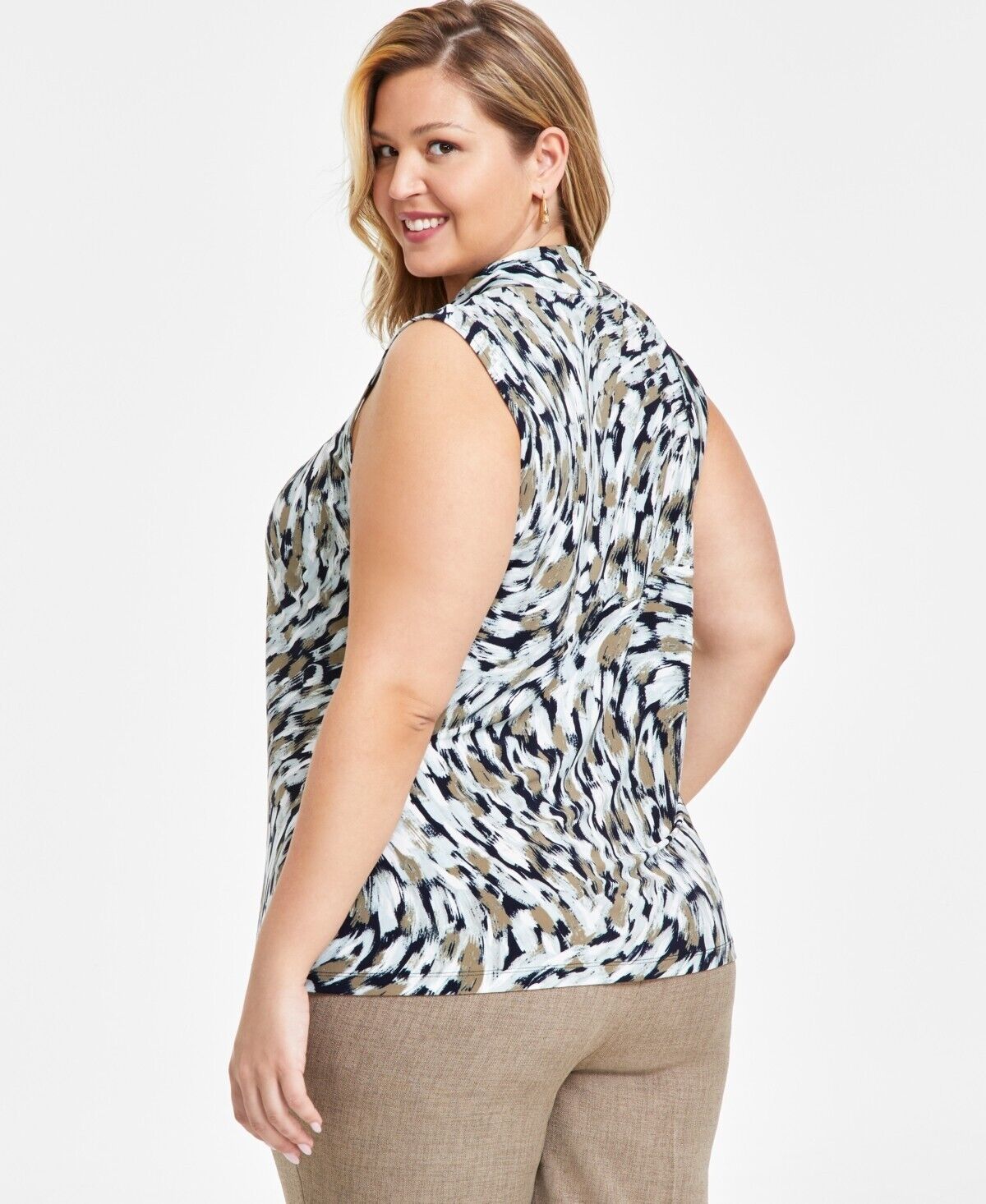 Kasper Plus Size Printed Knot-Front Top BLACK GREEN Size 3X MSRP $59