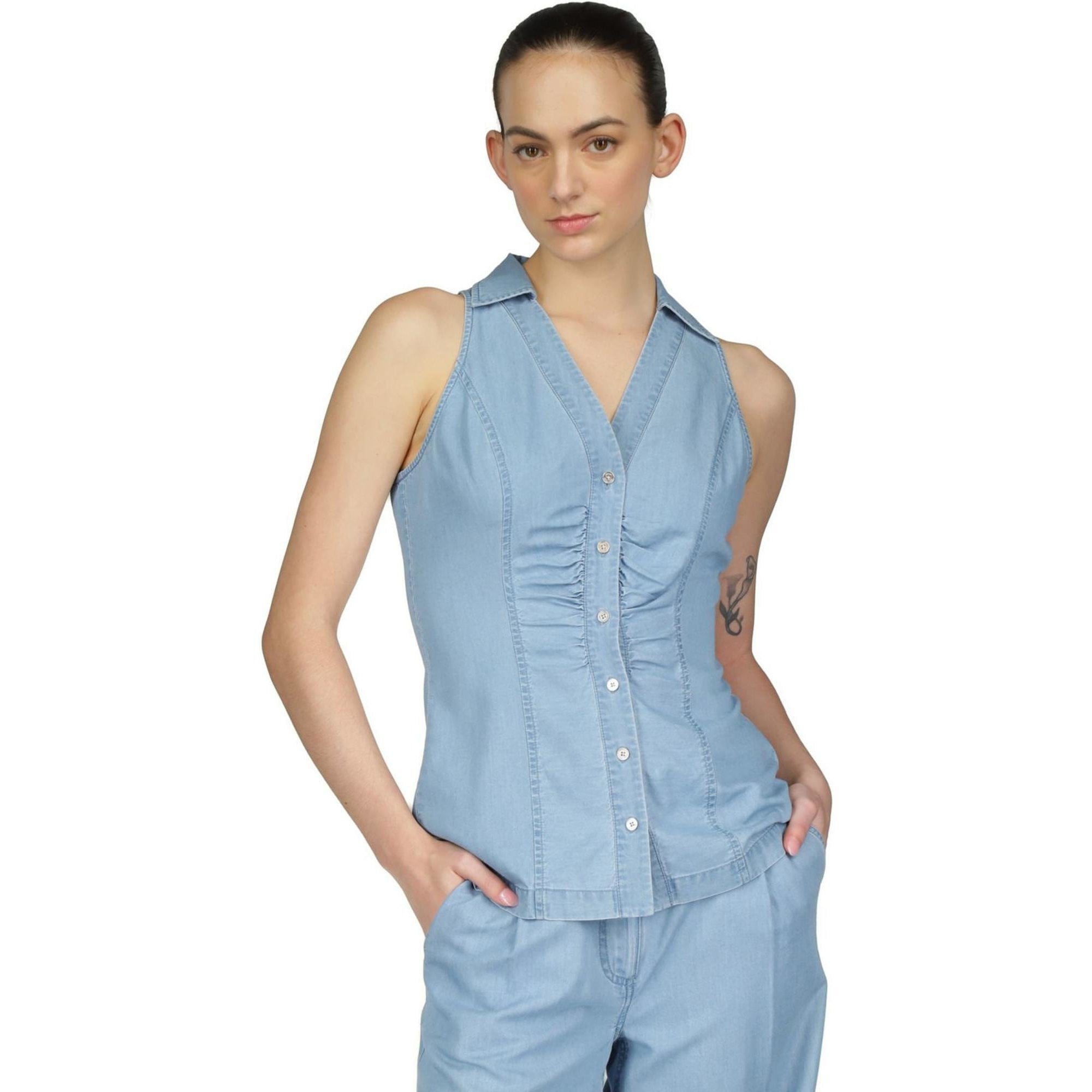 Michael Kors Women's Petite Sleeveless Tencel Collared Top, Sky Blue Size PS