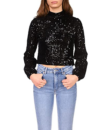 Sanctuary All Nighter Mock Neck Sequin & Velvet Blouse Black Size L (US 10-12)